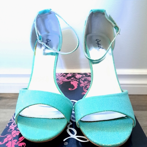 Qupid | Mint glitter ~ Pastel mint glitter open toe high heel shoe - Picture 3 of 9